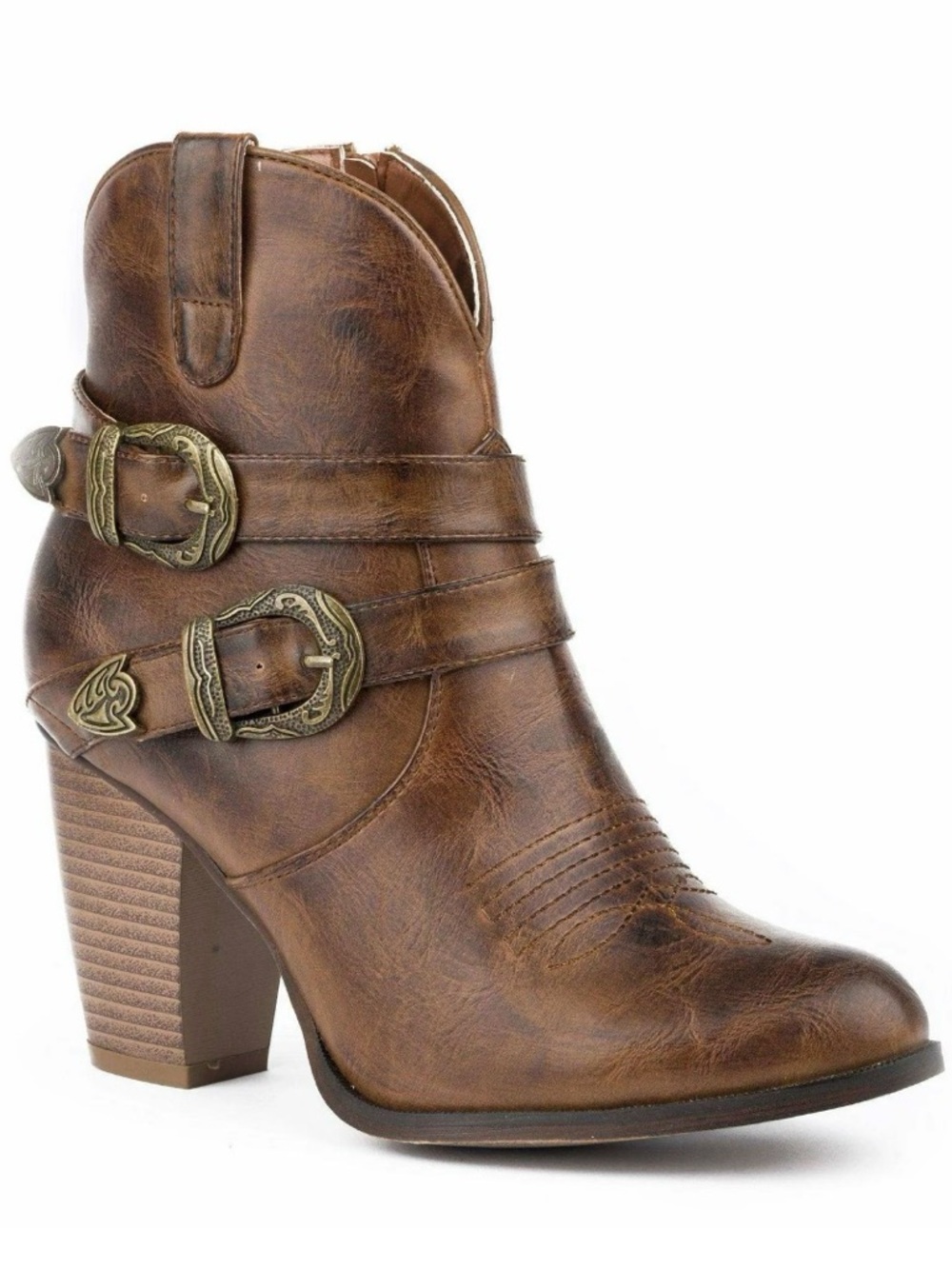 Roper Maybelle Brown Western-Style Buckle Ankle Bootie